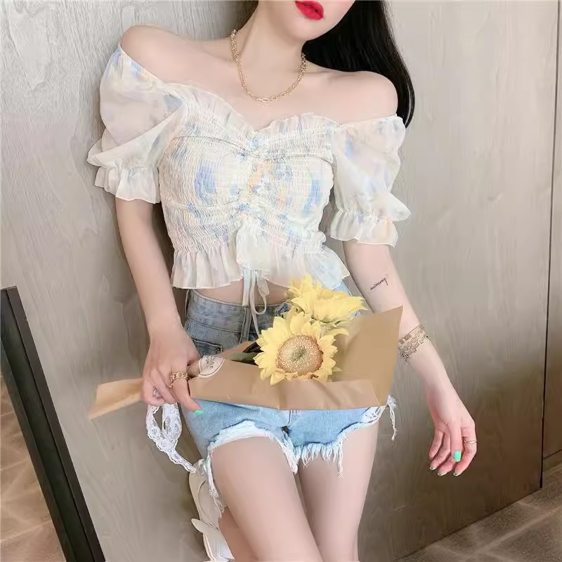 Summer Live Broadcast New Female Anchor Internet Celebrity Clothing Sexy Top Korean Style Super One-line Collar Fairy Drawstring Chiffon Top
