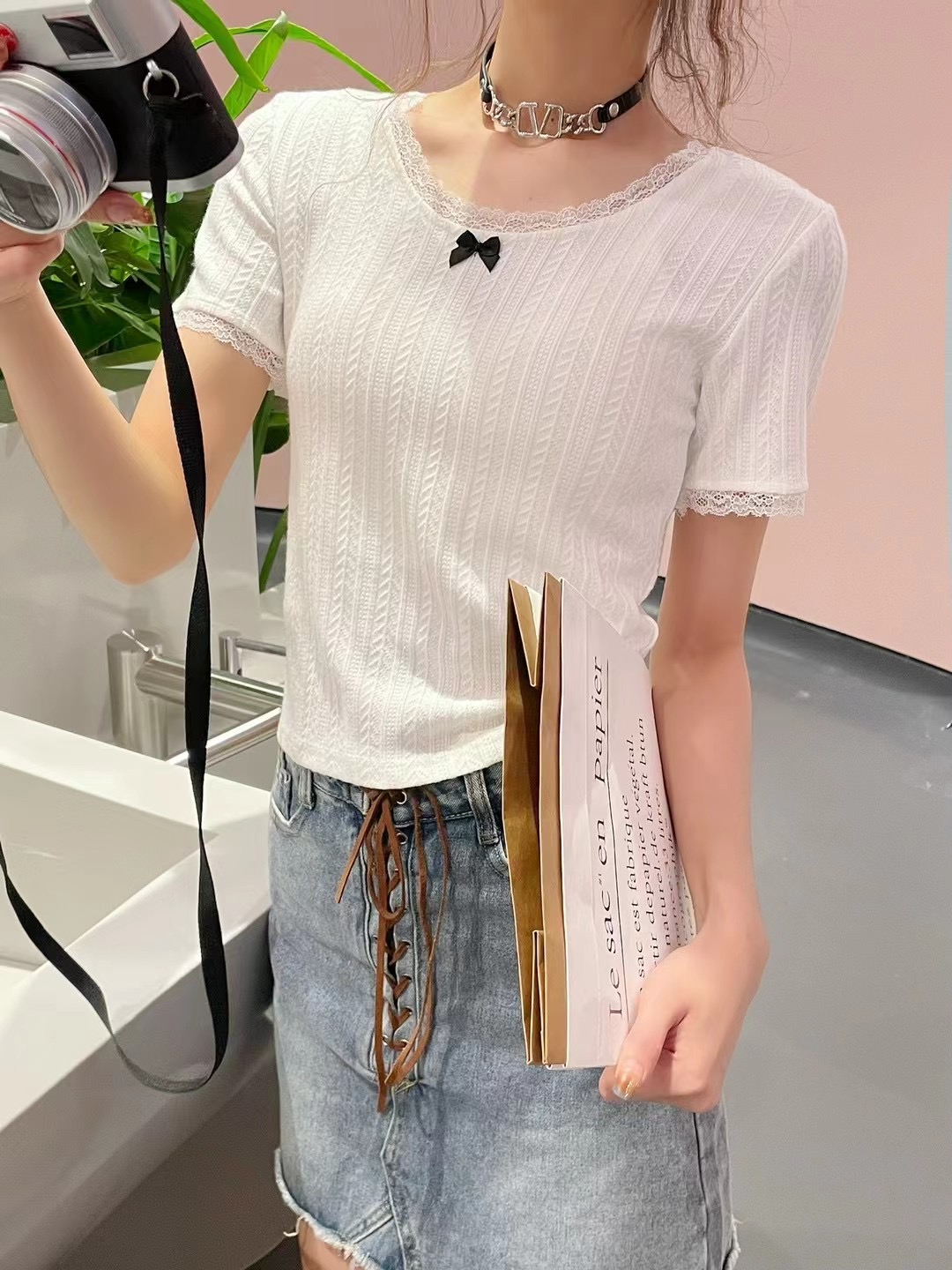 2024春夏小清新蕾絲花邊蝴蝶結短袖t恤短款顯瘦氣質上衣打底