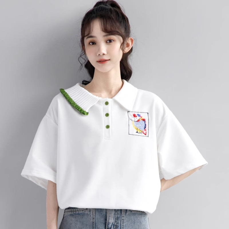 原版做工白色polo衫女拼色設計感2024夏季新款刺繡翻領短袖T恤