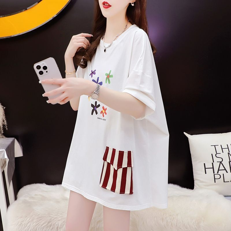 首發質量/緊密環定紡純棉/後包領/中長款重工短袖T恤女