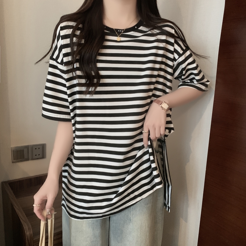 實拍 6535棉 夏裝美式復古條紋寬鬆開叉短袖T恤女中長款