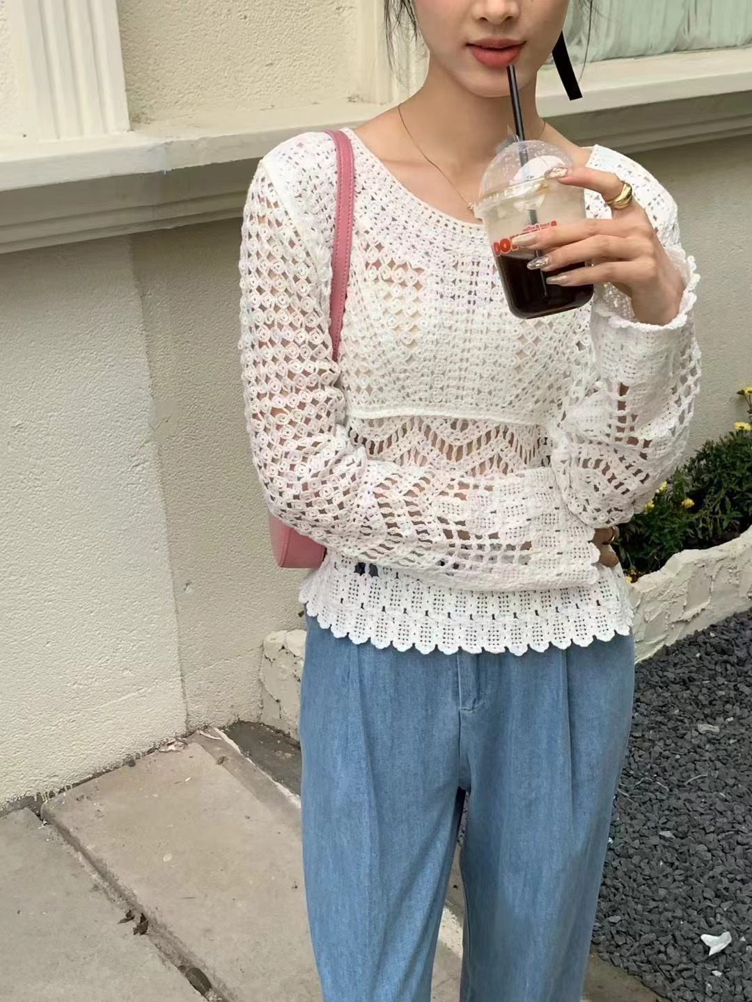 2024春季新款韓版小眾鏤空寬鬆短款長袖外穿針織罩衫套頭上衣女