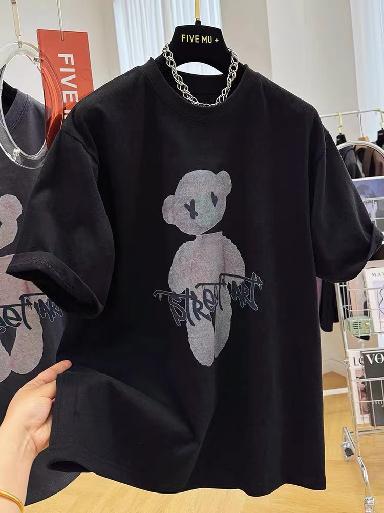 韓國ins簡約寬鬆百搭純棉打底衫卡通印花圓領大碼短袖T恤女