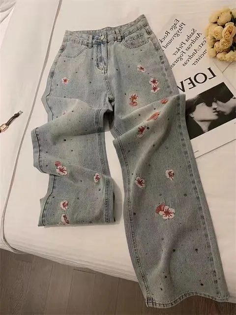復古刺繡櫻花闊腿褲女窄版2024春夏垂感高腰寬鬆顯瘦直筒牛仔褲子