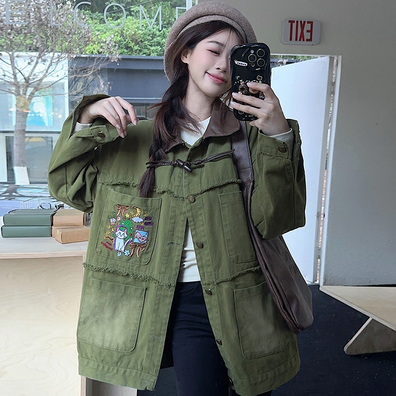 實拍 韓國牛仔襯衫女亂糟糟「出街vintage」童趣刺繡磨毛牛仔外套