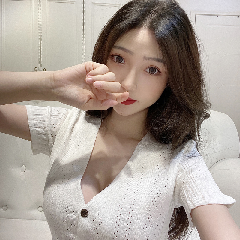 2024新款夏網紅甜美性感白色收腰修身短袖T恤短款露腰針織衫上衣