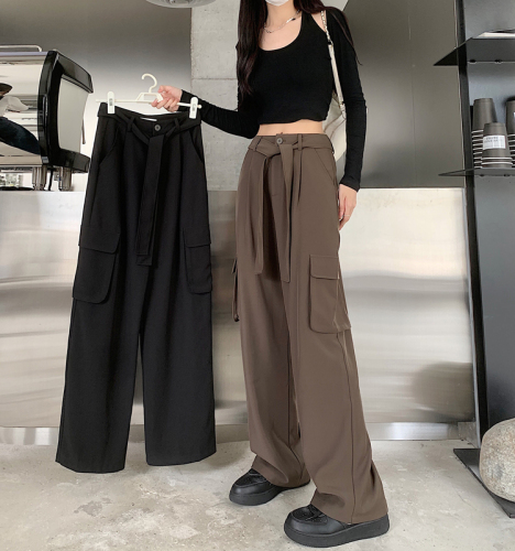 Peacock bias fabric workwear wide-leg pants drapey summer loose pocket lace niche high-waisted casual pants for women