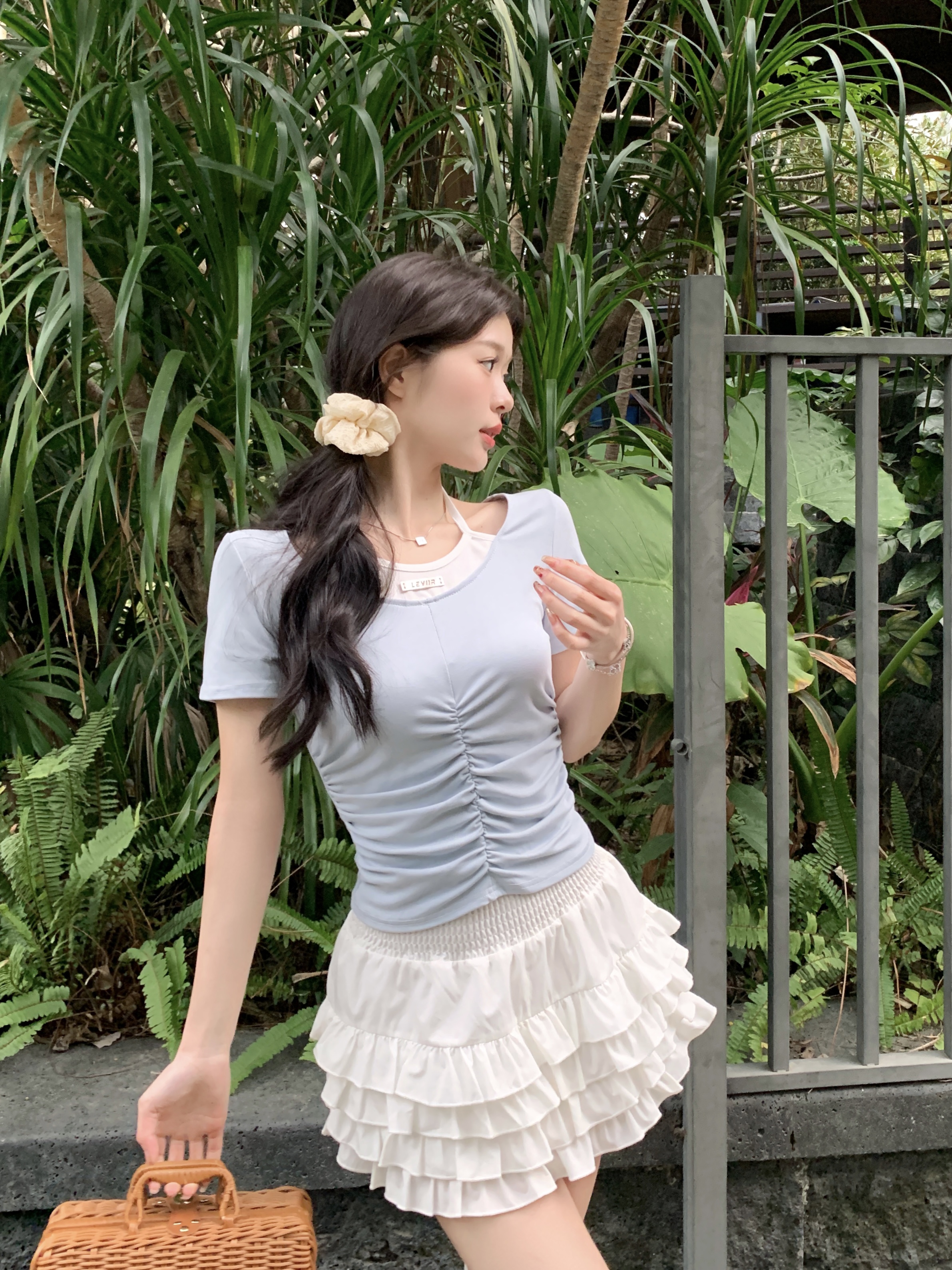 實拍 新款韓版褶皺修身顯瘦假兩件+蛋糕裙兩件套