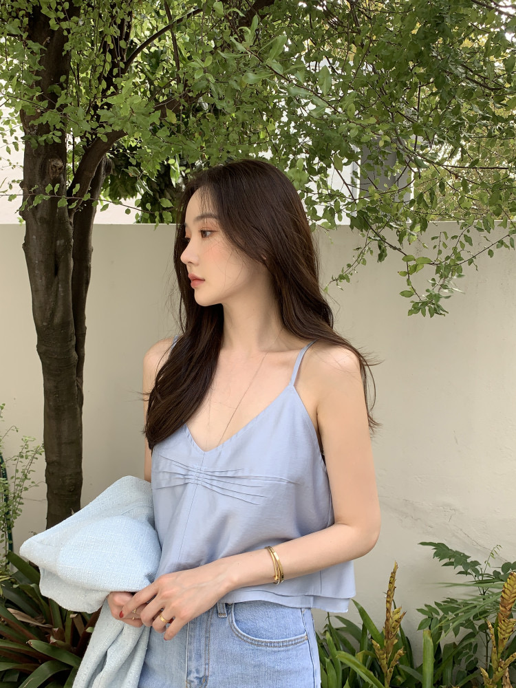 韓國chic春夏新款法式設計感V領吊帶衫女甜美度假背心