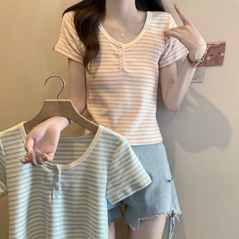 實拍夏季純棉條紋正肩露骨短袖t恤女夏裝新款顯瘦設計感甜辣上衣