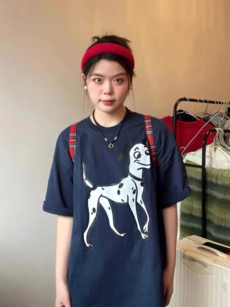 國潮牌斑點狗印花短袖T恤女夏季設計感寬鬆休閒圓領情侶半袖上衣