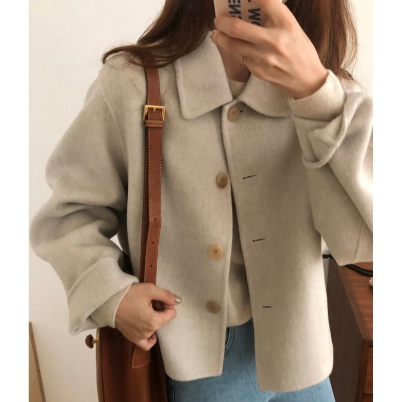 簡約輕奢翻領短外套女裝單排扣短款百搭毛呢上衣外套女潮