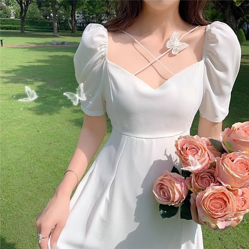 French square collar white first love dress summer new retro super fairy puff sleeve temperament mid-length dress