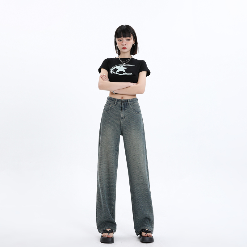 實拍2024春夏高端質感提花新型面料闊腿牛仔拖地褲女