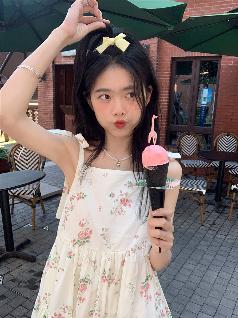 甜美減齡可愛碎花裙女收腰顯瘦法式吊帶裙子夏季設計感過膝連衣裙