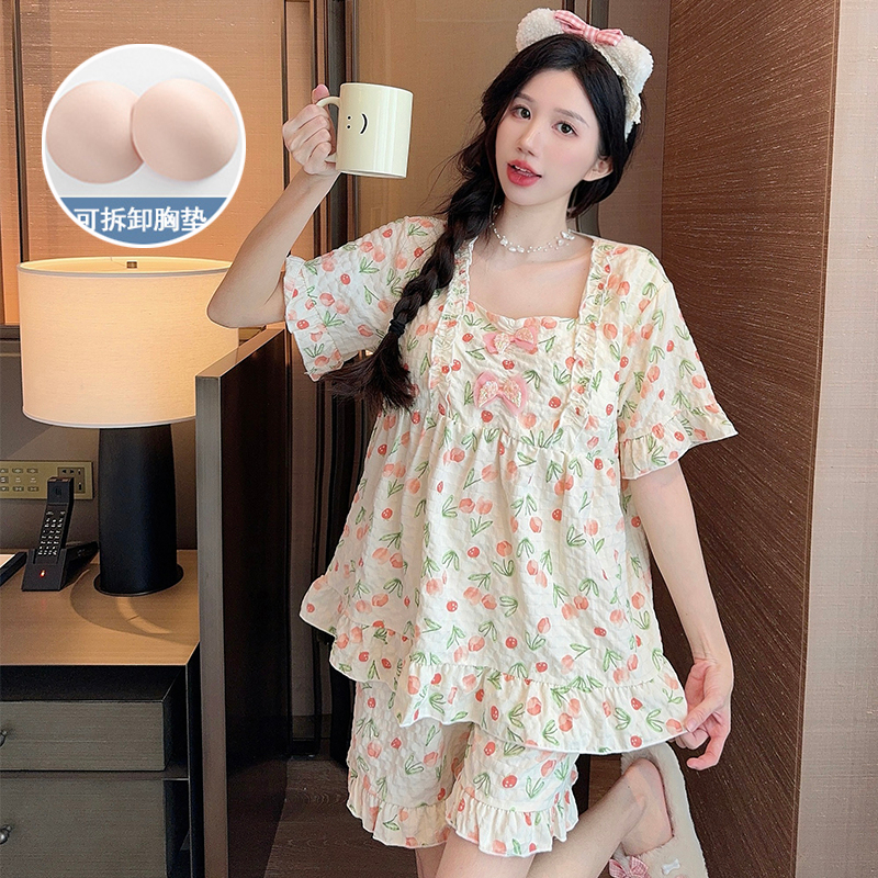 夏季韓版新款帶胸墊睡衣女短袖梭織提花雲朵棉公主風家居服套裝