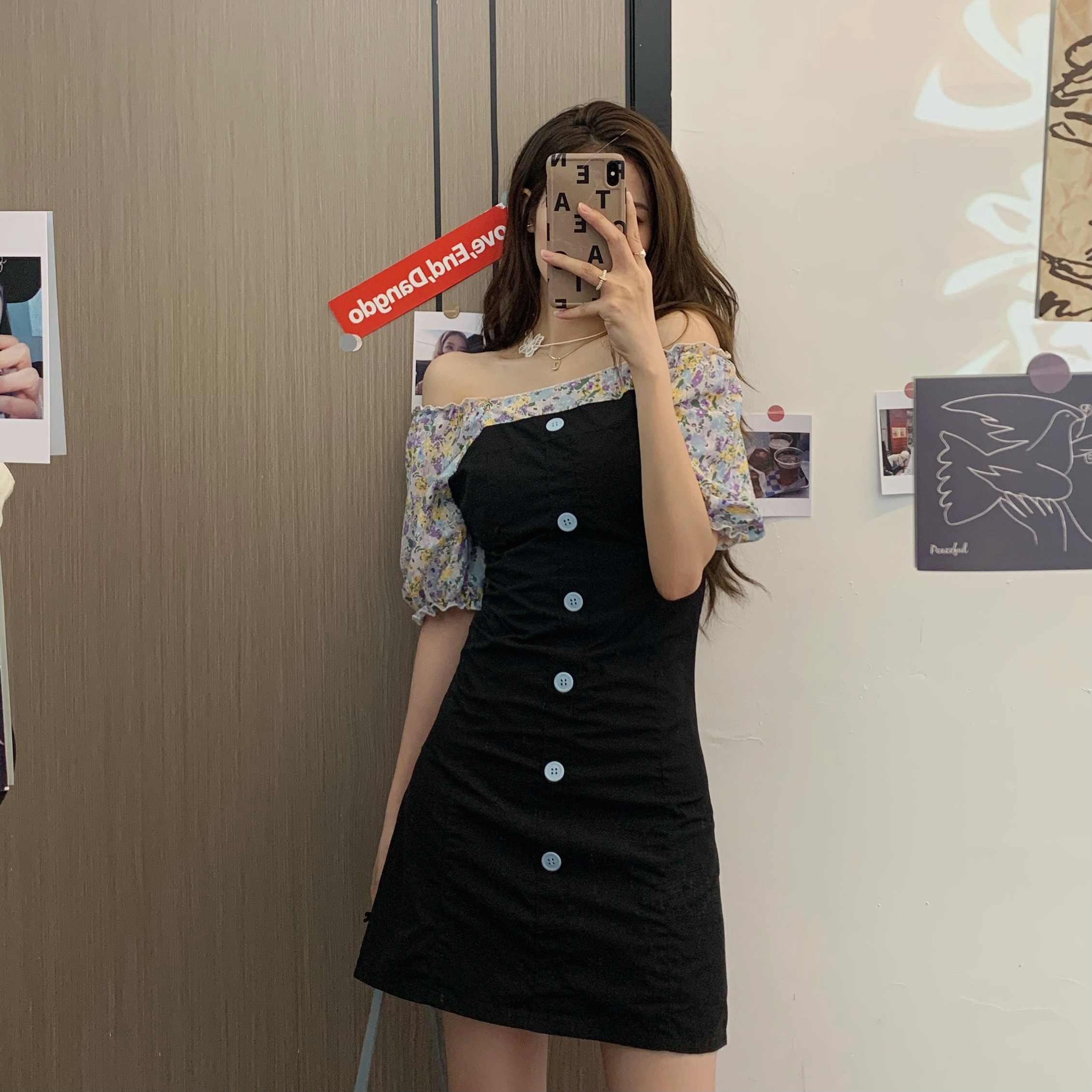 韓風chic甜美洋氣減齡法式方領碎花拼接泡泡袖修身短款連衣裙