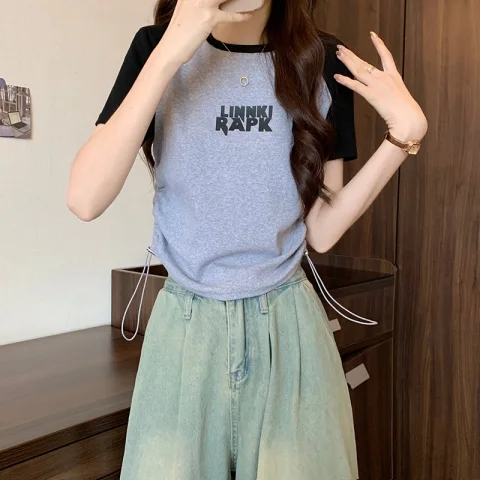 冰絲螺紋1*1夏韓版插肩袖印花修身圓領上衣大碼女裝