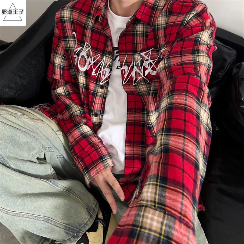 美式復古紅色刺繡格子襯衫男潮牌長袖上衣hiphop高街春秋襯衣外套