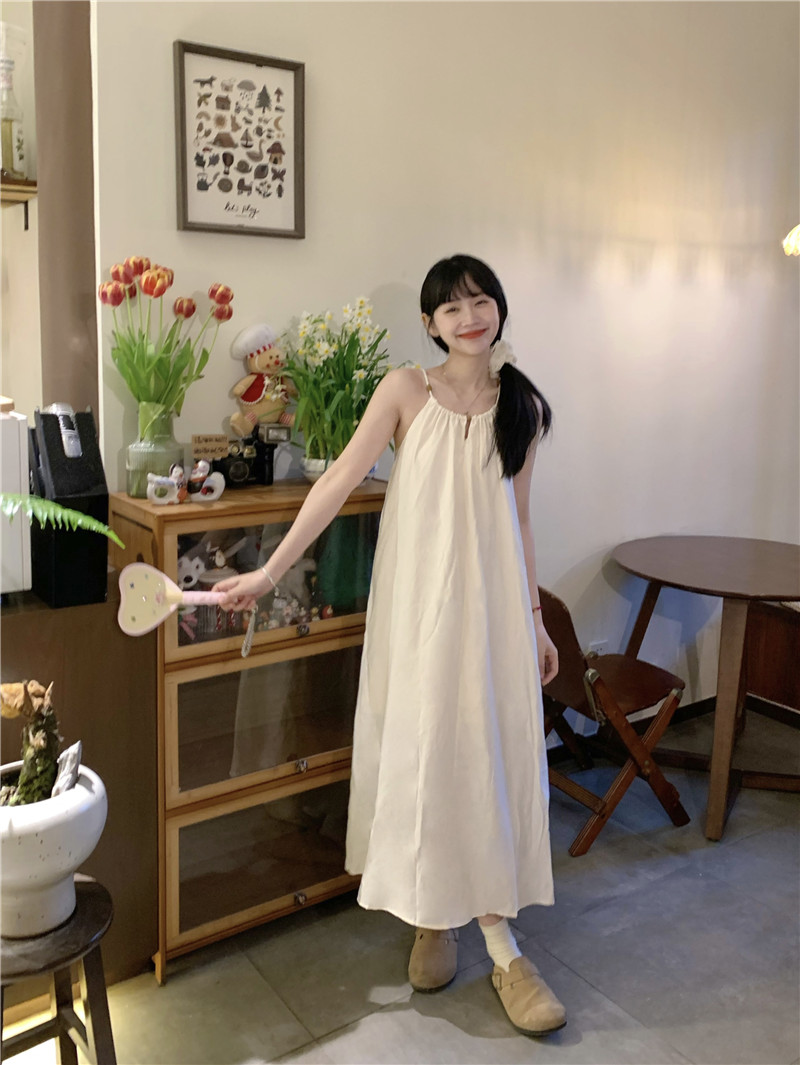 實拍~溫柔氣質掛脖無袖吊帶連衣裙女顯瘦沙灘裙過膝長裙