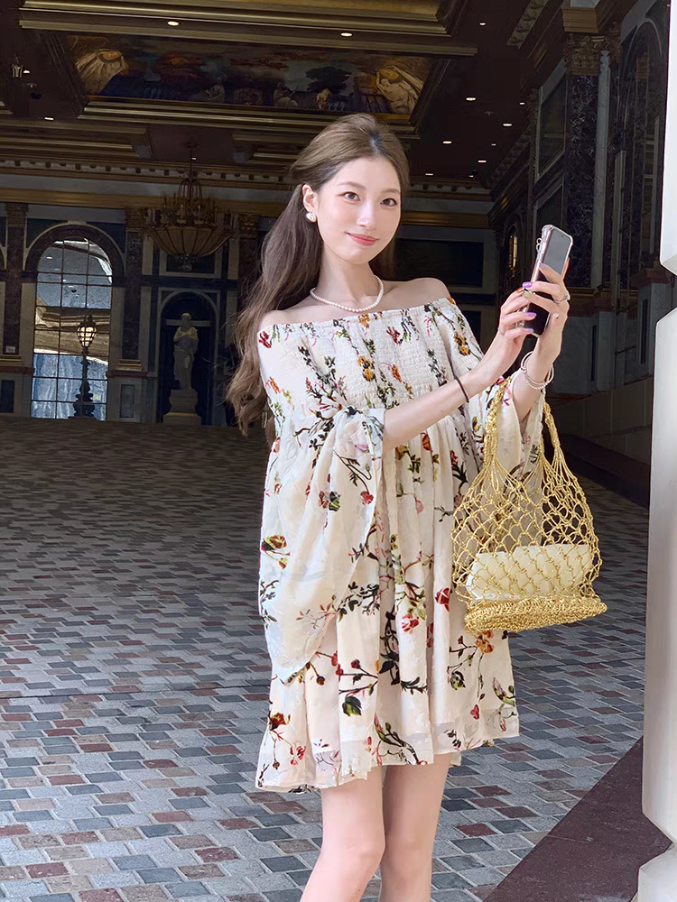 佛羅倫薩少女 雙印花連衣裙一字肩收腰顯瘦度假裙