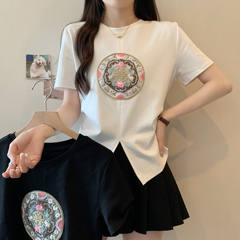 實拍2024夏裝新款胖mm大碼高級感國風重工刺繡開叉短袖T恤女上衣