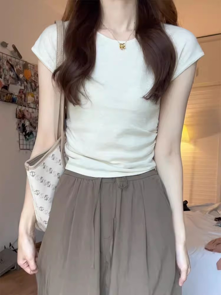 Korean style right shoulder short-sleeved T-shirt for women summer ice silk sweater niche slim and chic hot girl t-shirt short top