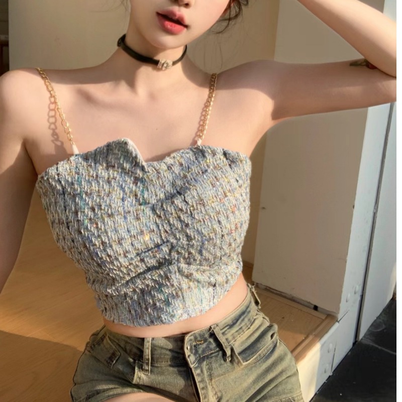甜辣妹外穿鏈條吊帶小背心女春夏內搭帶胸墊美背性感格子排扣上衣