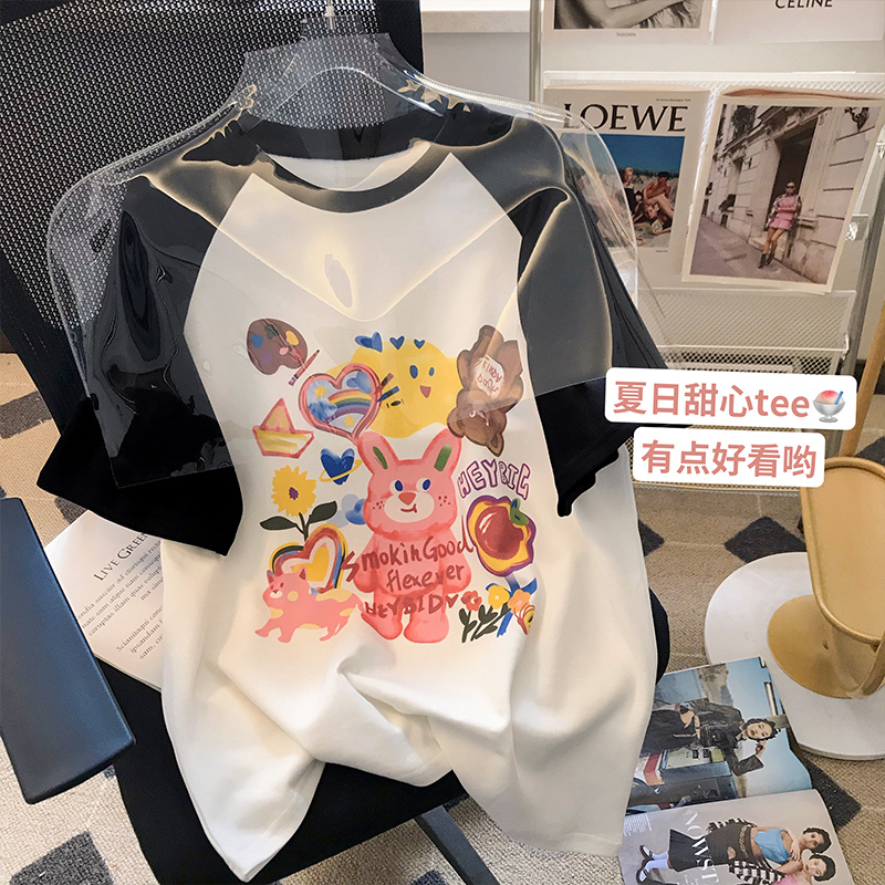 純棉後包條200克精梳緊密 新款短袖t恤女印花 天貓質量