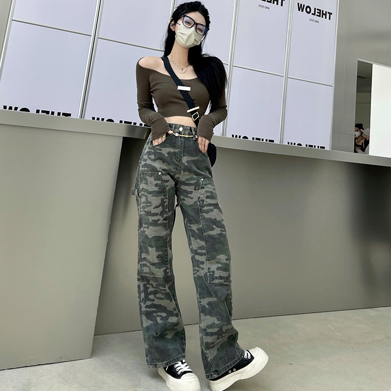 2024夏季酷拽辣妹復古美式軍綠迷彩工裝牛仔褲女顯瘦高腰闊腿直筒