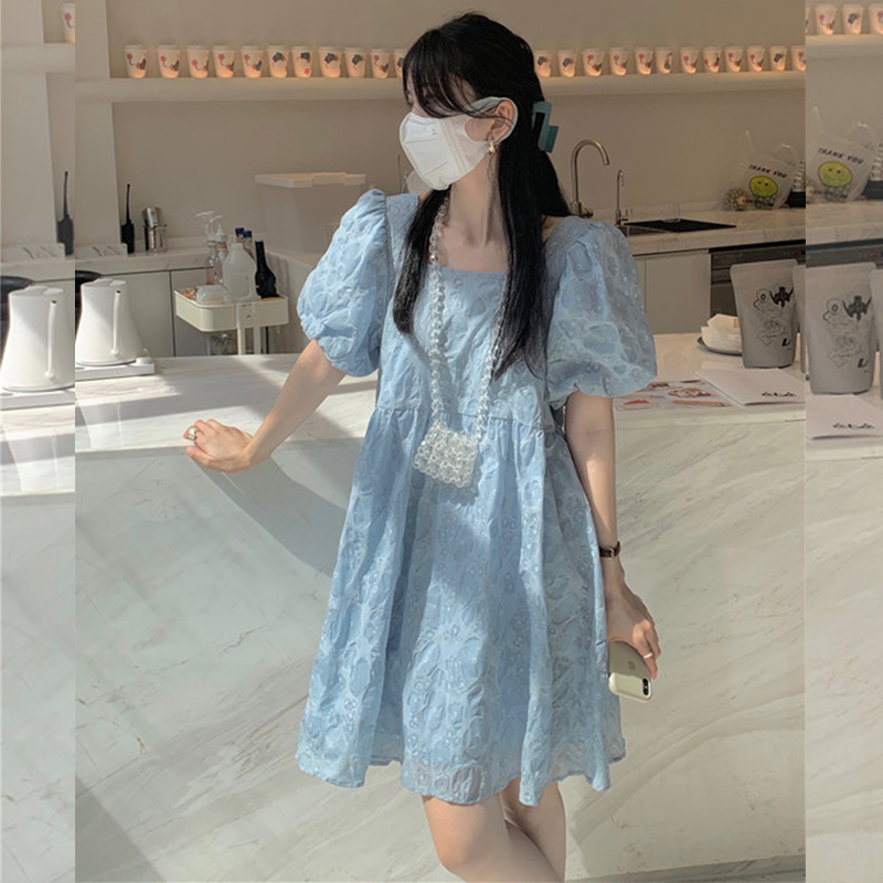 2024法式方領提花連衣裙女春夏季鹽系穿搭初戀系別致洋氣奶乖裙