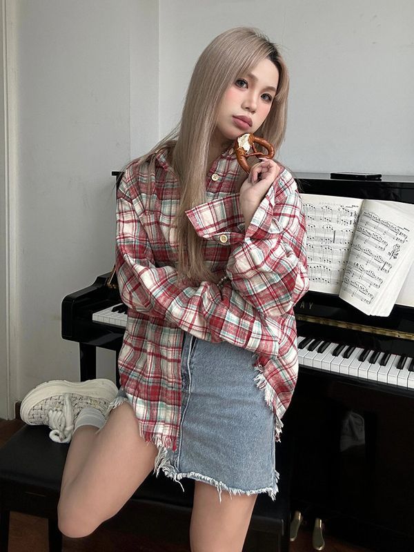 vintage美式襯衫女春季磨破毛邊紅綠格子襯衣外套寬鬆慵懶風上衣