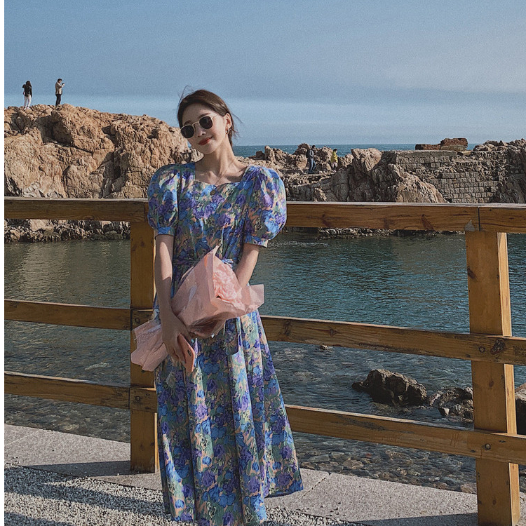 油畫碎花連衣裙女宮廷風法式高腰氣質復古