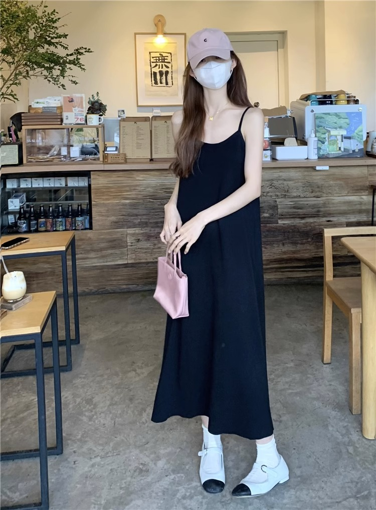 2024年夏季新款韓版純色針織吊帶長裙女裝寬鬆顯瘦連衣裙無袖裙子