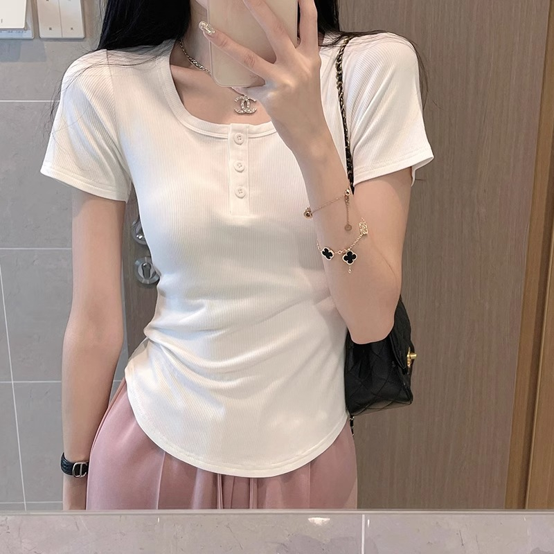純棉 正肩短袖T恤女夏季小眾設計感別致獨特卡腰小衫新款短款上衣