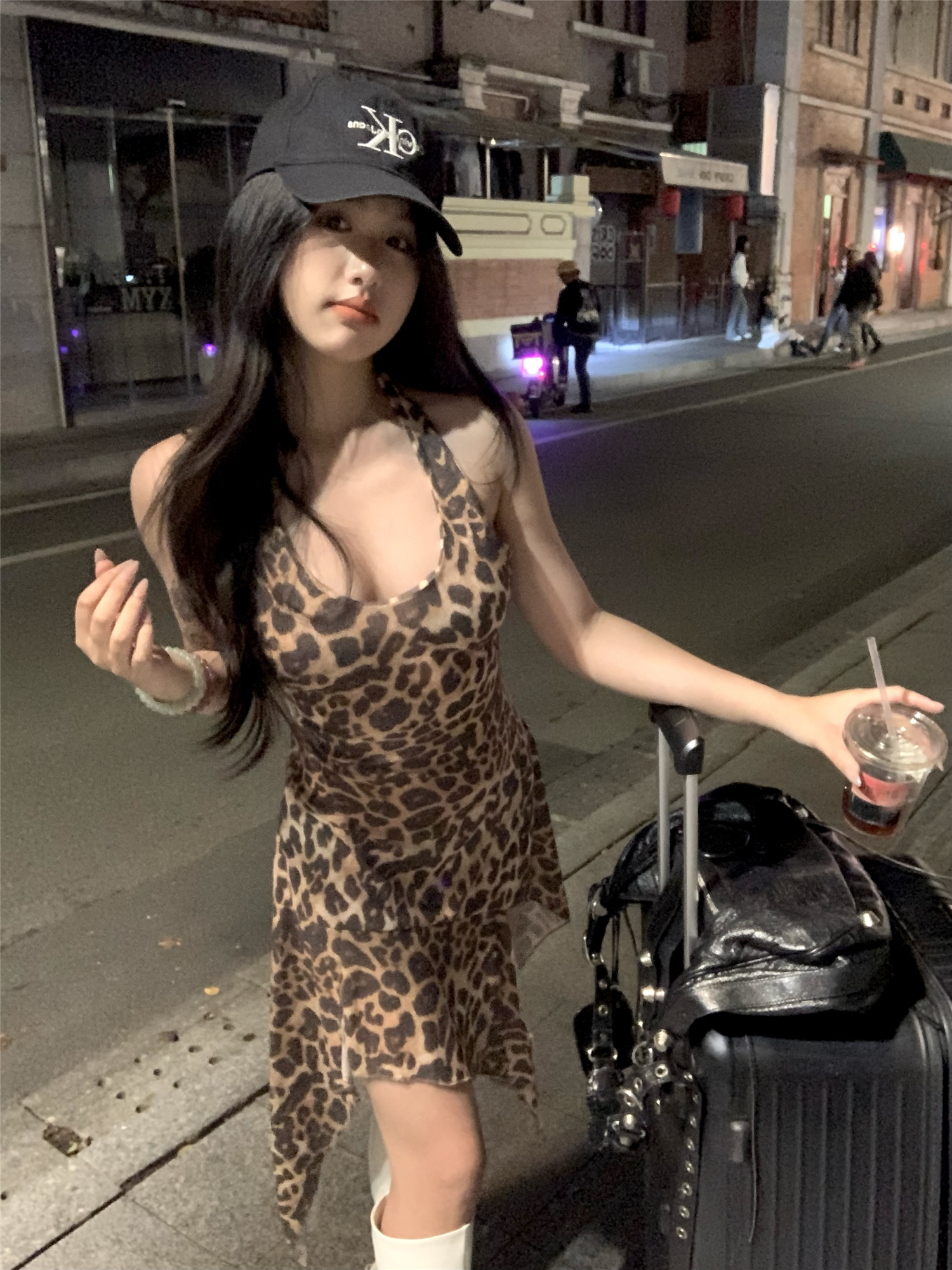 Actual shot ~ Wild Factor Leopard Print Irregular Skirt Dress Halter Neck Backless Design Suspender Skirt