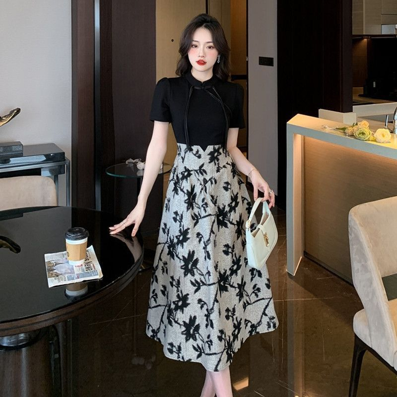 新中式復古國風2024夏新款旗袍連衣裙大碼女裝法式立領拼接小個子