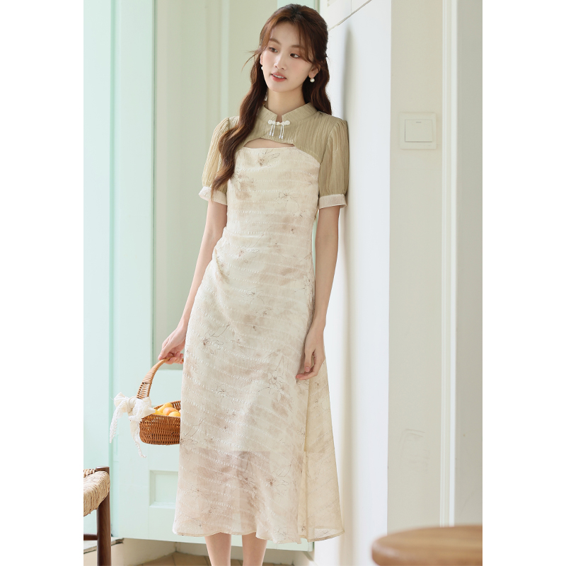 No less than 129 real shot 2024 new Chinese style printed skirt improved cheongsam dress