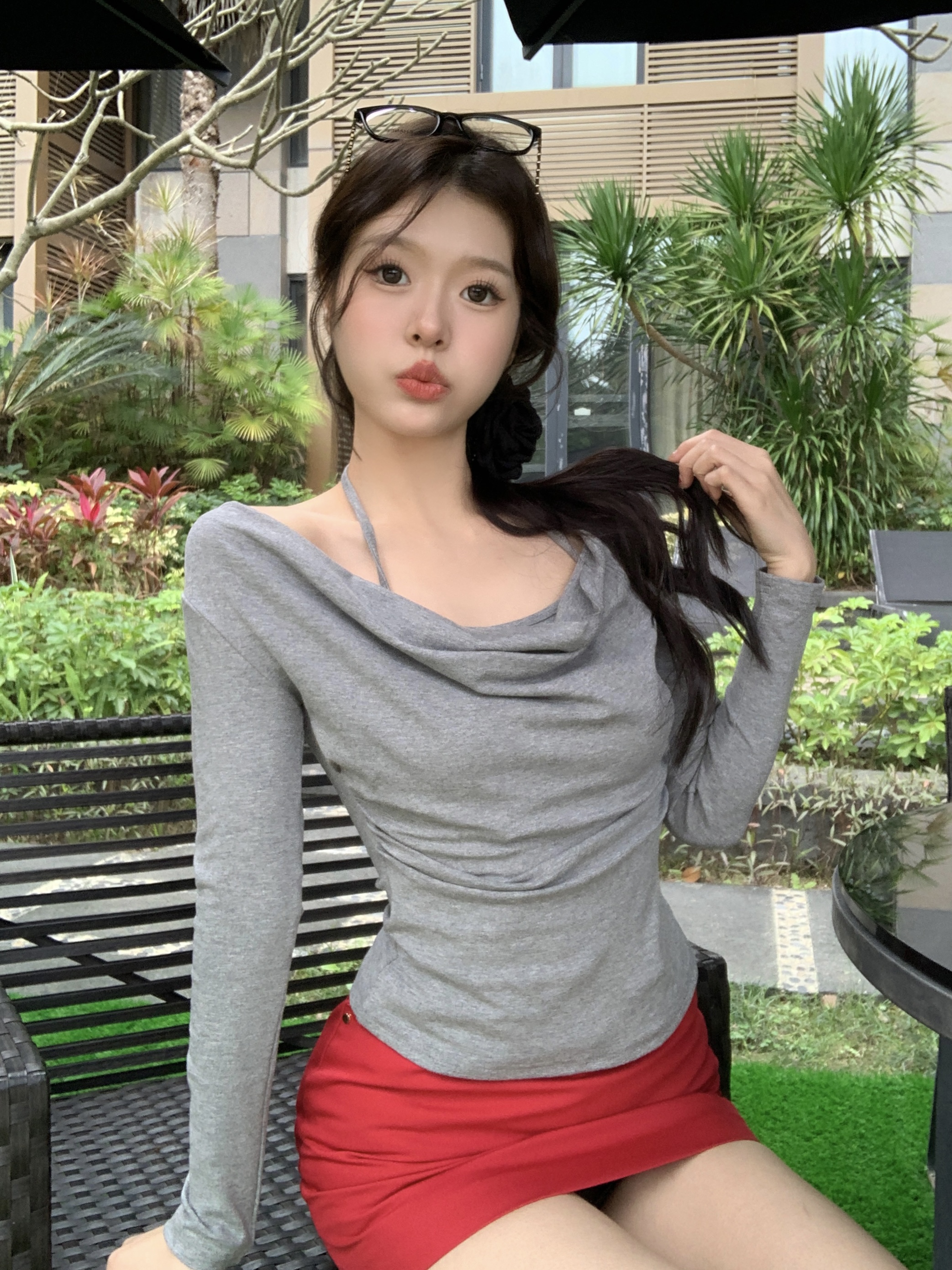 實拍 新款韓版掛脖修身顯瘦辣妹假兩件T恤女