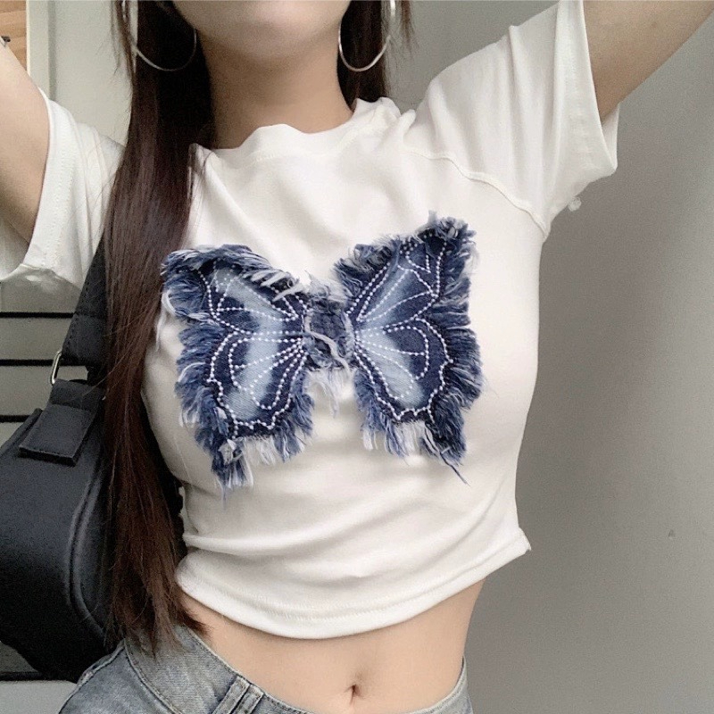 美式立體蝴蝶t恤女復古設計感小眾修身短袖甜辣短款上衣