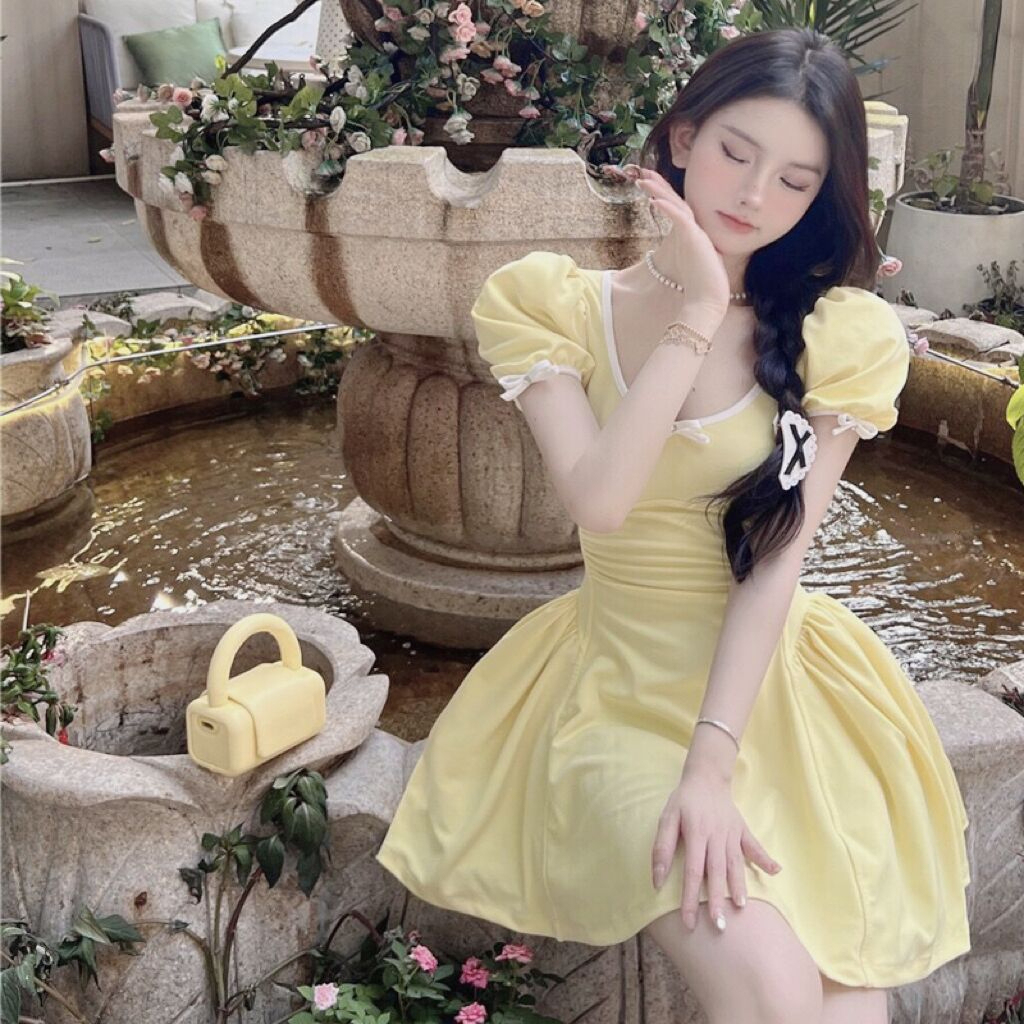Pure lustful sweet hot girl yellow puff sleeve u-neck dress female summer small waist slimming a-line short skirt