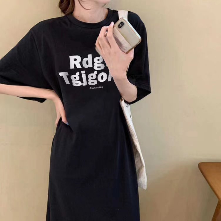 牛奶絲夏季新款韓式時尚T恤女印花開叉連衣裙寬鬆大碼女裝