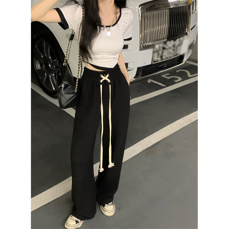 Casual sports pants for women, spring and summer Korean version 2024 new high-waist slim design drawstring elastic waist wide-leg trousers