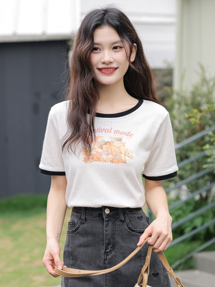 大碼胖mm卡通印花短袖t恤女夏季新款甜辣修身顯瘦撞色短上衣