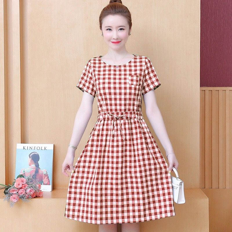 Large size plaid dress for women 2024 new fat mm short-sleeved mid-length elastic waist loose retro skirt