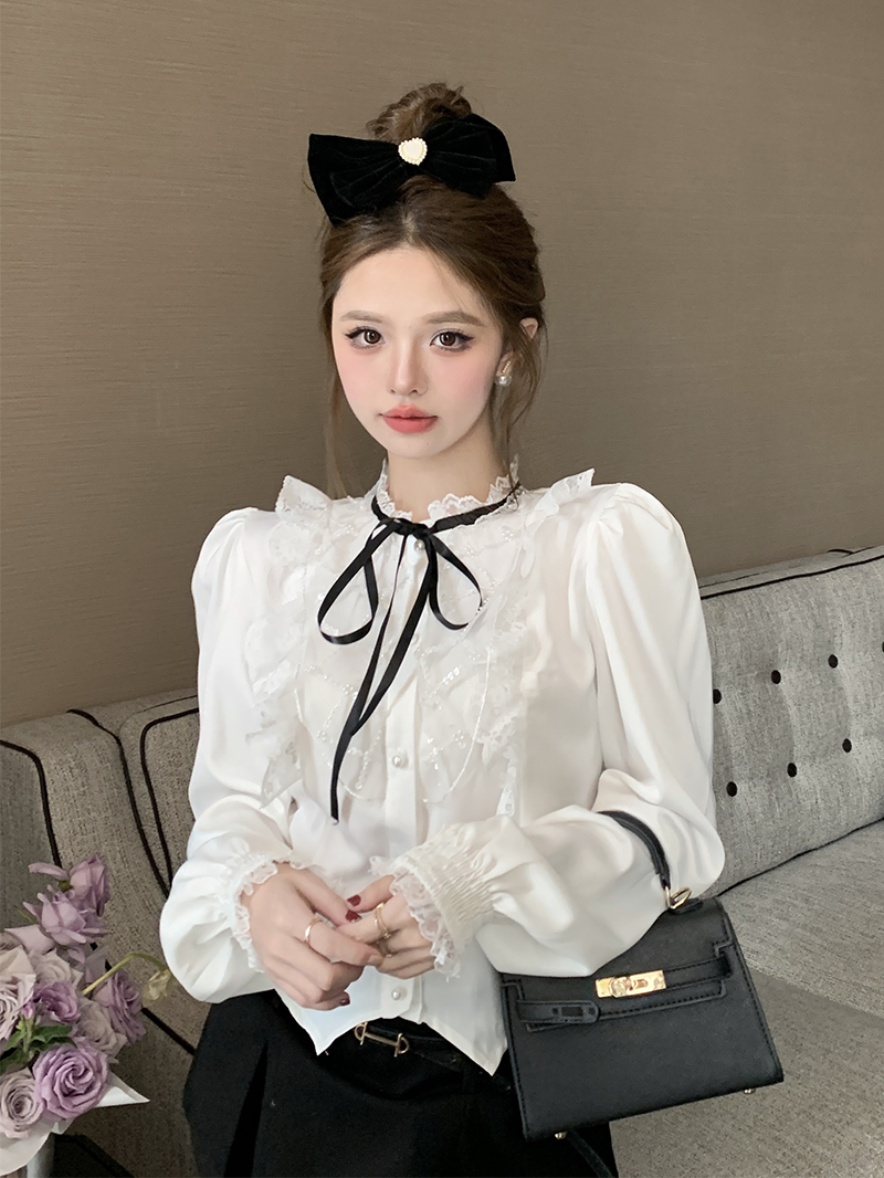 實拍 小香風蝴蝶結襯衫女春宮廷風泡泡袖上衣蕾絲打底衫內搭襯衣