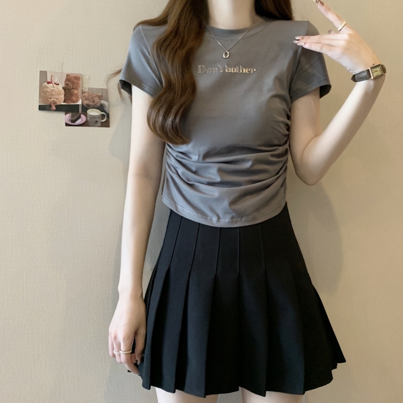 實拍  夏裝褶皺收腰短袖T恤女設計感上衣