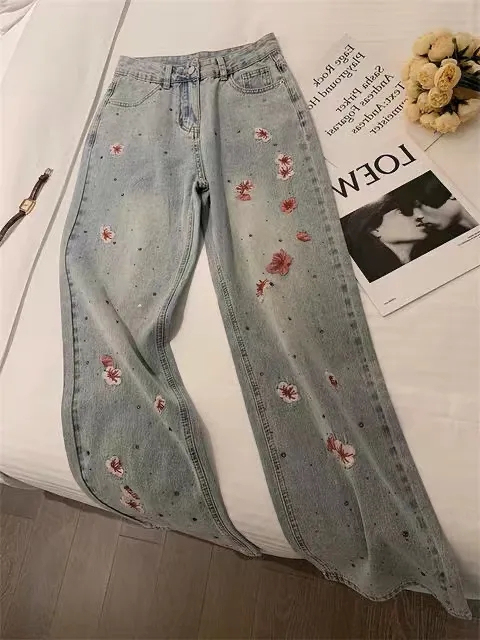 復古刺繡櫻花闊腿褲女窄版2024春夏垂感高腰寬鬆顯瘦直筒牛仔褲子