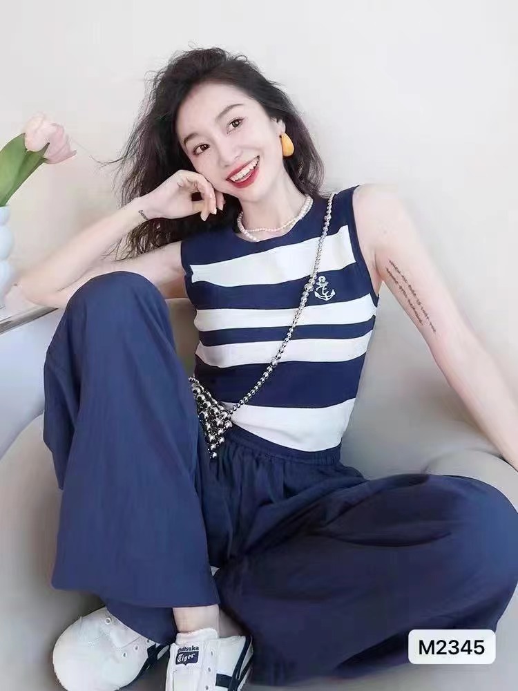 2024夏季新款通勤風時尚圓領條紋刺繡背心