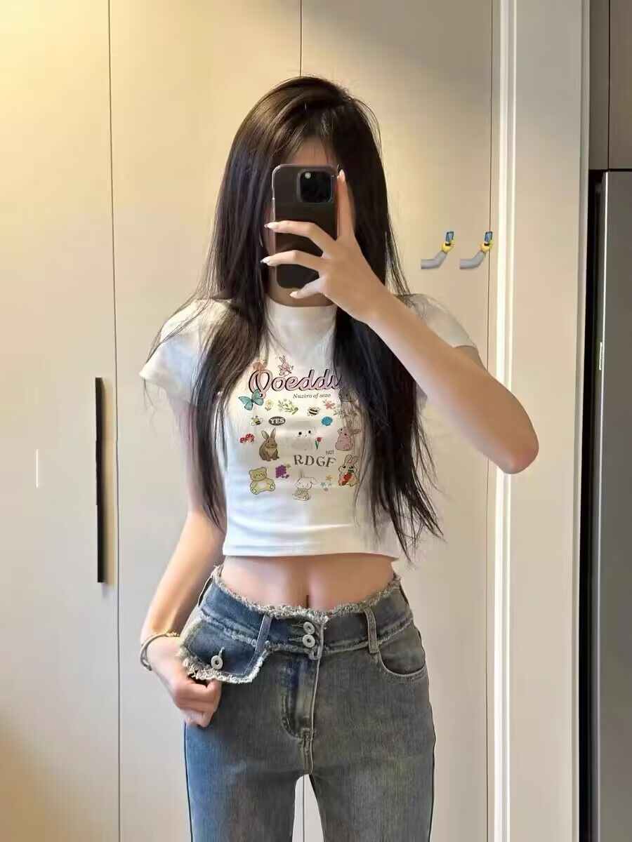 純棉 設計感小眾夏季新款T恤女辣妹高腰短款修身顯瘦圓領緊身上衣